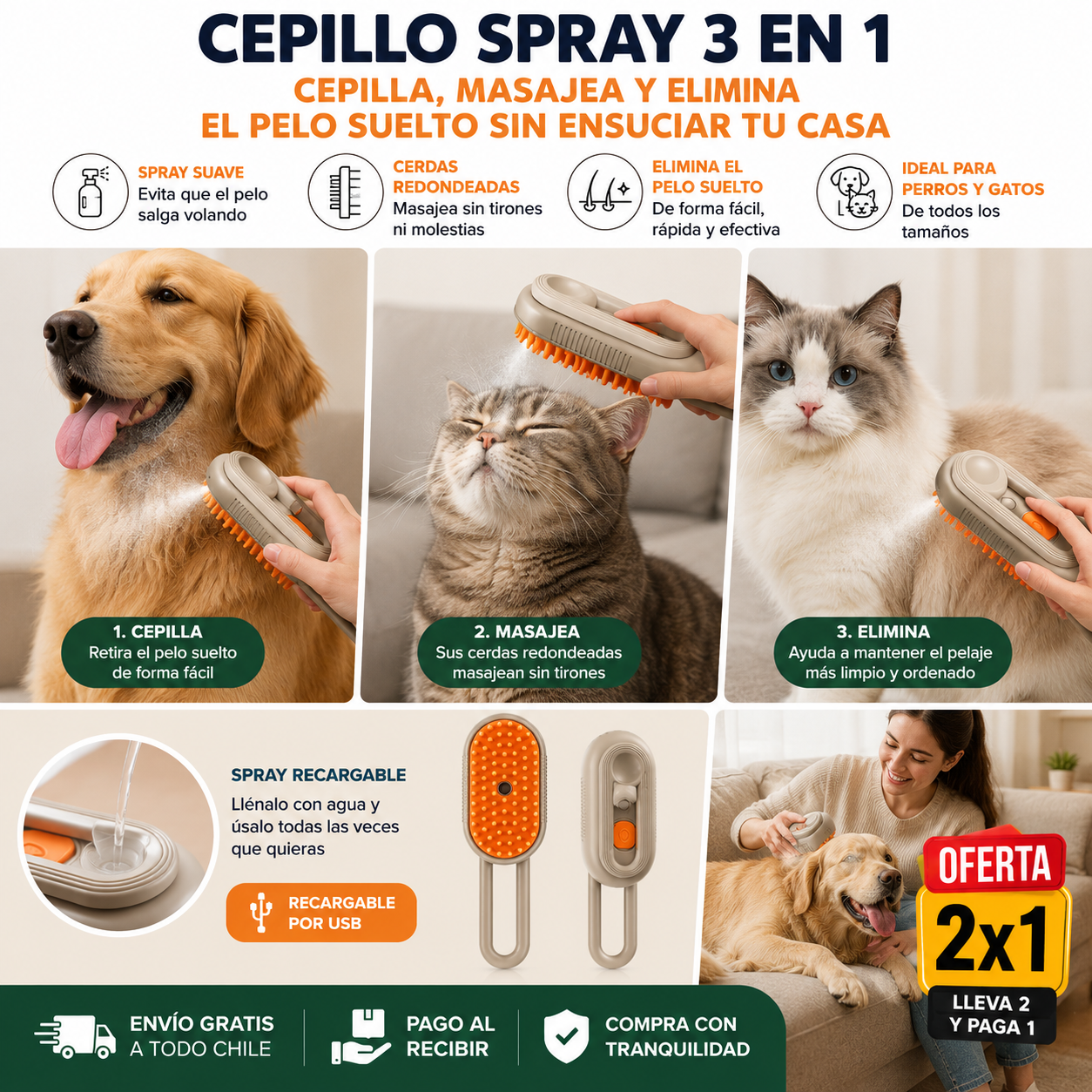 🐾 Cepillo Spray 3 en 1 para Mascotas - ¡Oferta 2x1!
