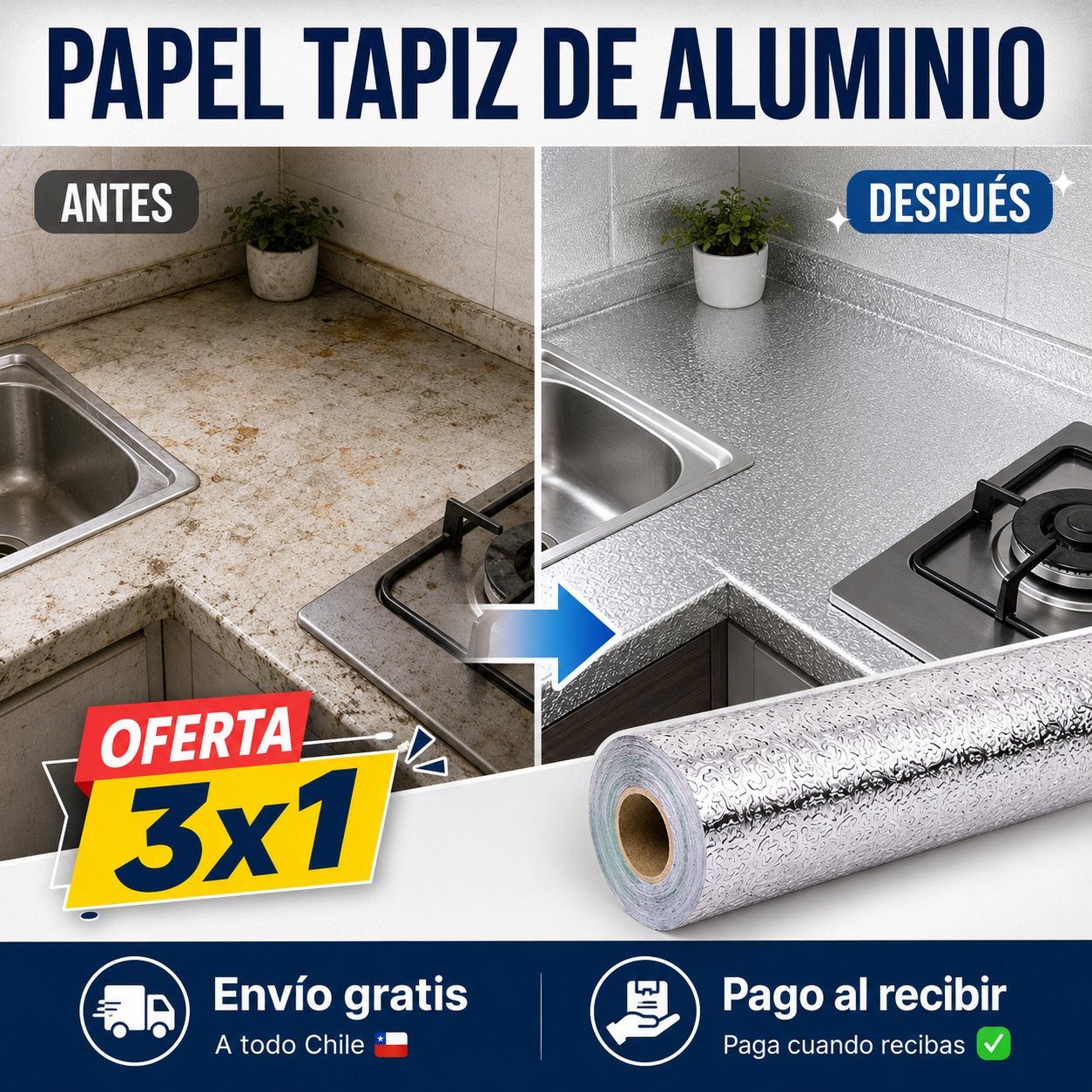 ✨Papel de aluminio autoadhesivo cocina ¡Oferta 3x1!