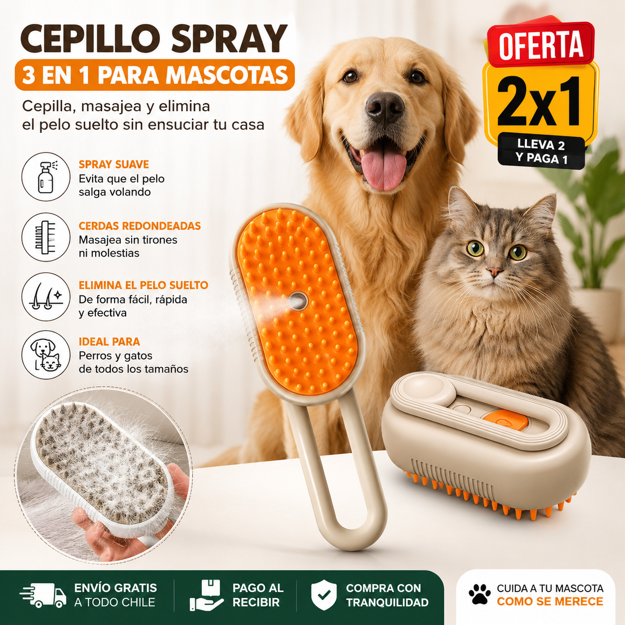 🐾 Cepillo Spray 3 en 1 para Mascotas - ¡Oferta 2x1!