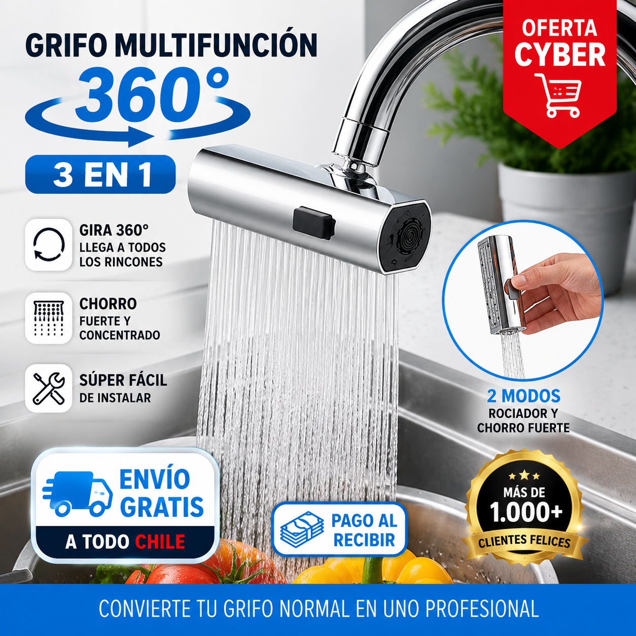 Grifo Giratorio 360° 3 en 1 – Limpieza Fácil y Elegante para tu Cocina