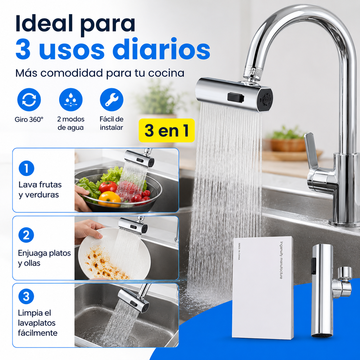 Grifo Giratorio 360° 3 en 1 – Limpieza Fácil y Elegante para tu Cocina